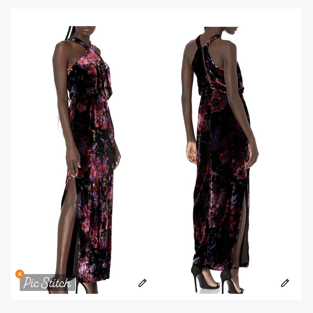 Aidan Mattox Velvet Floral Halter Maxi Dress